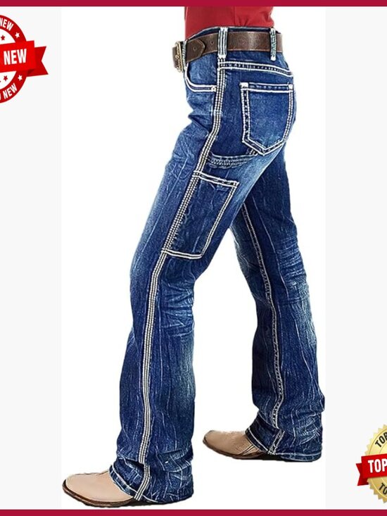 Denim - Mid Waist Bootcut Jeans Stretchy Denim Flare Stitch Detail